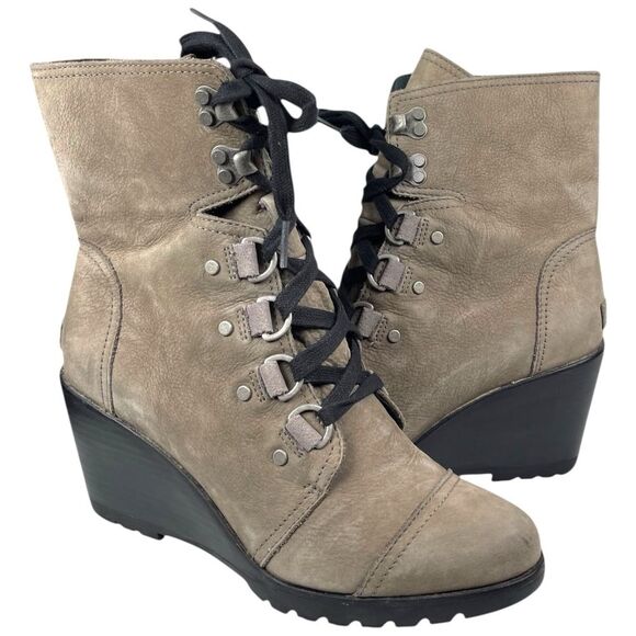 Sorel After Hours Taupe Gray Lace Up Wedge Heel Winter Boots Women’s Size 9.5 - Picture 1 of 7
